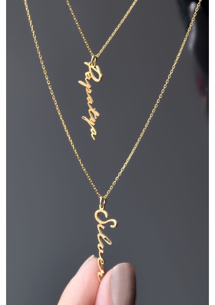 925 Ayar Gümüş Gold Kaplama Asansörlü Iki Isim Kolye