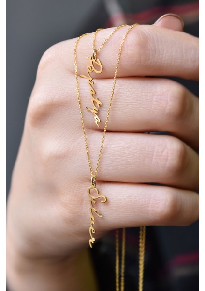 925 Ayar Gümüş Gold Kaplama Asansörlü Iki Isim Kolye modelleri