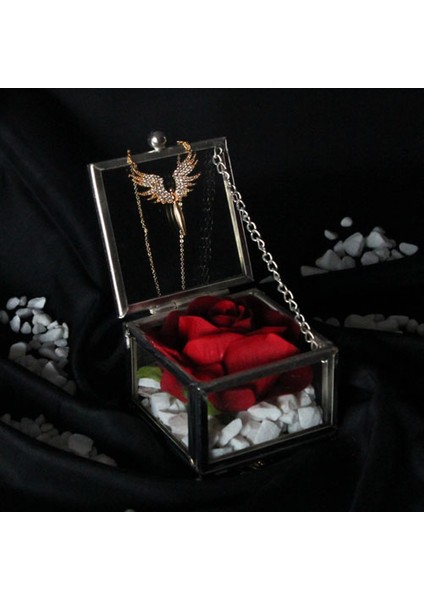 Dekoratif Kutu Kapaklı Camlı Metal Kırmızı Gül Melek Kolye Hediye