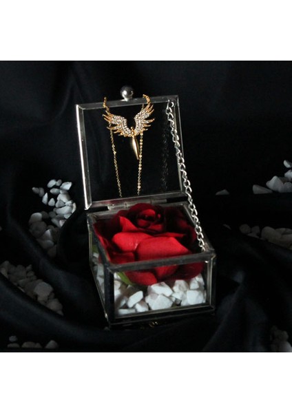 Dekoratif Kutu Kapaklı Camlı Metal Kırmızı Gül Melek Kolye Hediye fiyatları