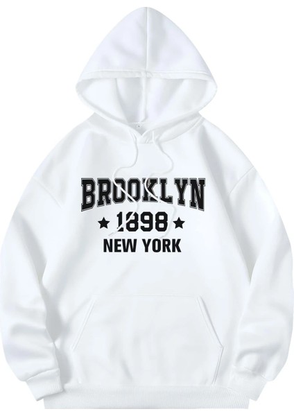 Brooklyn Newyork 1898 Baskılı Kapüşonlu Beyaz Oversize Sweatshirt