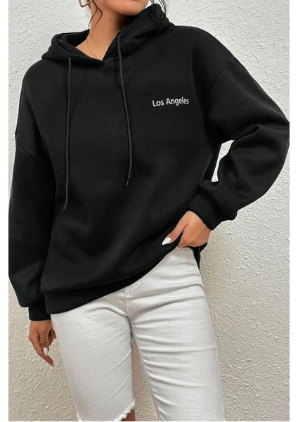 Kadın Siyah Küçük Los Angeles Baskılı Kapüşonlu Oversize Sweatshirt