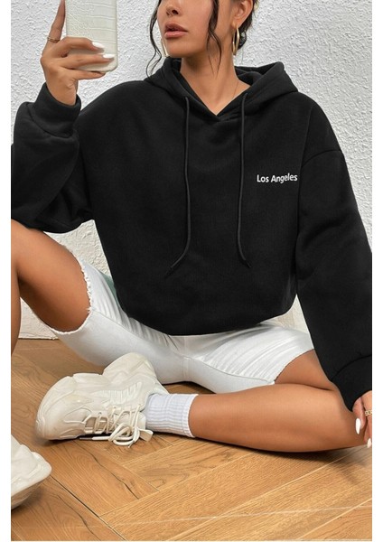 Kadın Siyah Küçük Los Angeles Baskılı Kapüşonlu Oversize Sweatshirt