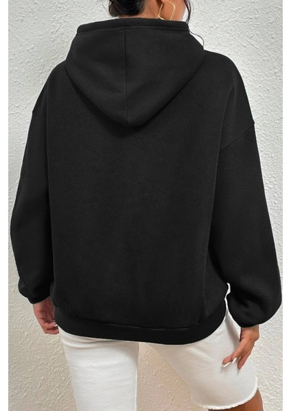 Kadın Siyah Küçük Los Angeles Baskılı Kapüşonlu Oversize Sweatshirt