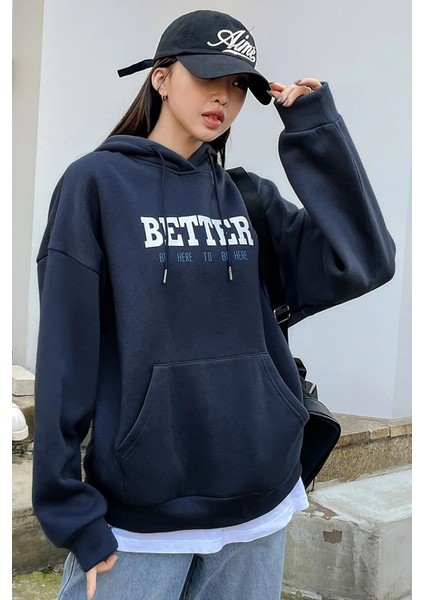 Unisex Lacivert Better Baskılı Kapüşonlu Oversize Sweatshirt