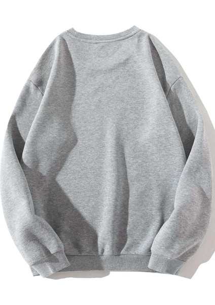 Gri Bisiklet Yaka Baskılı Oversize Sweatshirt