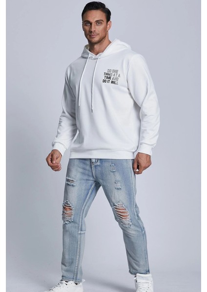 Erkek Beyaz Do It Well Baskılı Kapüşonlu Oversize Sweatshirt