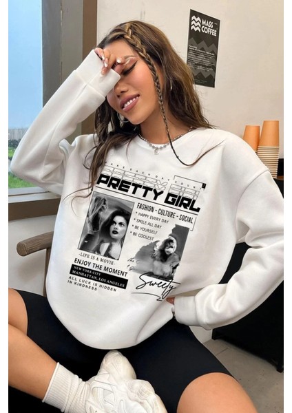 Beyaz Pretty Girl Baskılı Bisiklet Yaka Oversize Sweatshirt