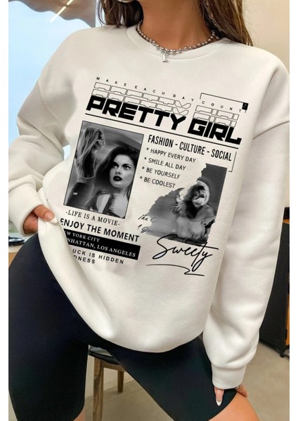 Beyaz Pretty Girl Baskılı Bisiklet Yaka Oversize Sweatshirt