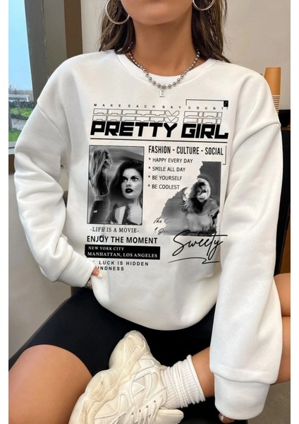 Beyaz Pretty Girl Baskılı Bisiklet Yaka Oversize Sweatshirt