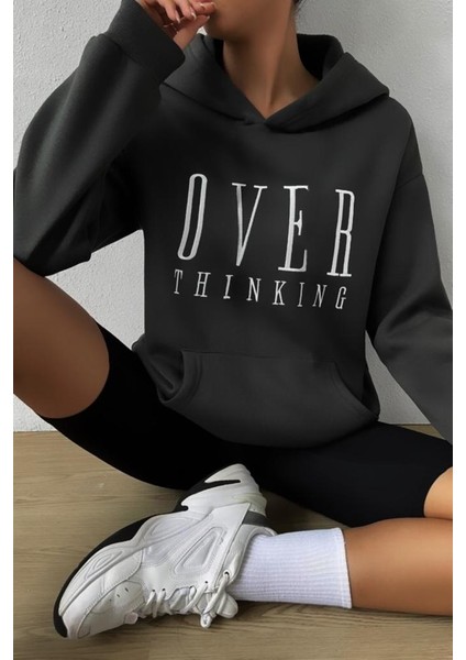 Kadın Antrasit Over Thinking Baskılı Kapüşonlu Oversize Sweatshirt