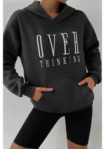 Kadın Antrasit Over Thinking Baskılı Kapüşonlu Oversize Sweatshirt