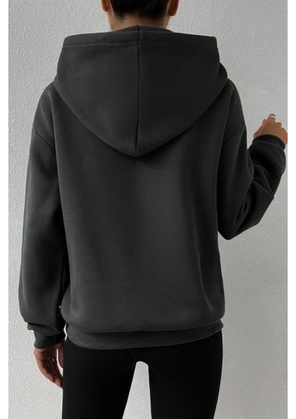 Kadın Antrasit Over Thinking Baskılı Kapüşonlu Oversize Sweatshirt