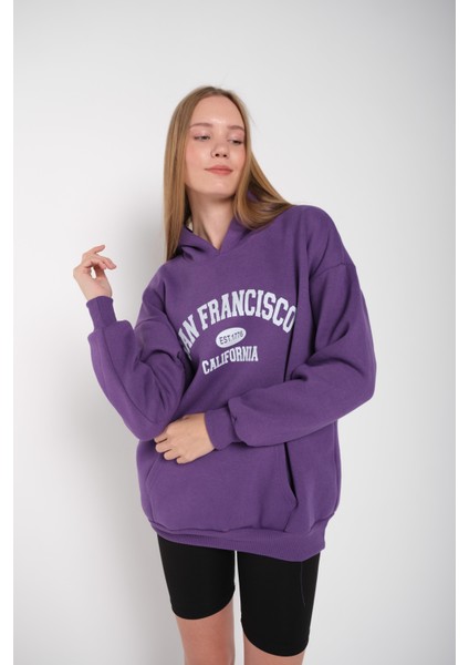 Kadın Mor San Francisco Baskılı Kapüşonlu Oversize Sweatshirt