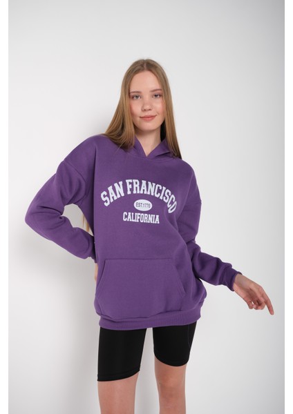 Kadın Mor San Francisco Baskılı Kapüşonlu Oversize Sweatshirt