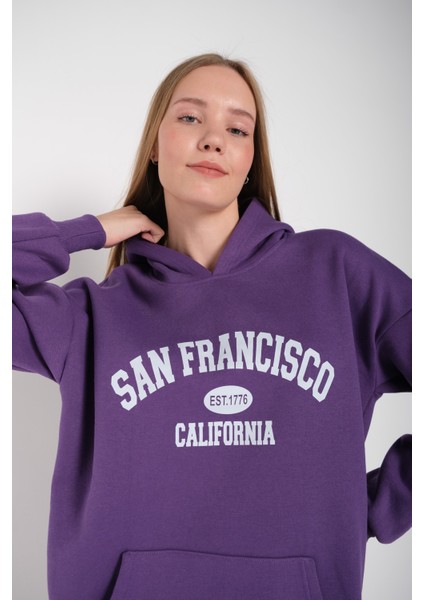 Kadın Mor San Francisco Baskılı Kapüşonlu Oversize Sweatshirt