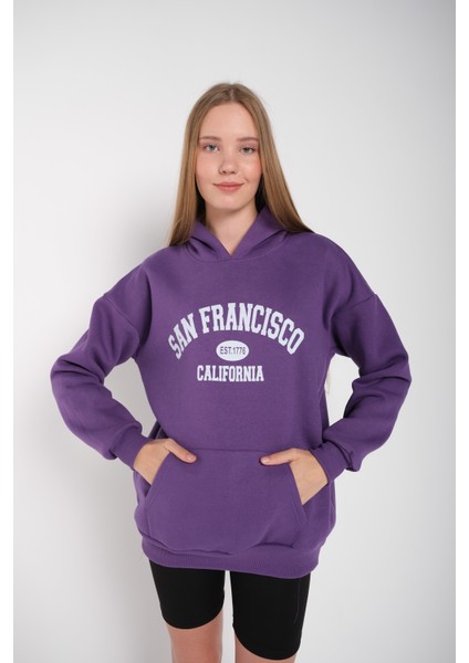 Kadın Mor San Francisco Baskılı Kapüşonlu Oversize Sweatshirt