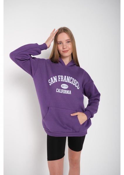 Kadın Mor San Francisco Baskılı Kapüşonlu Oversize Sweatshirt