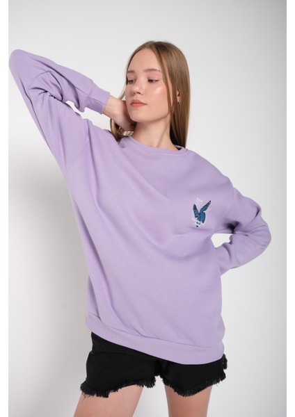 Kadın Lila Kelebek Baskılı Bisiklet Yaka Oversize Sweatshirt