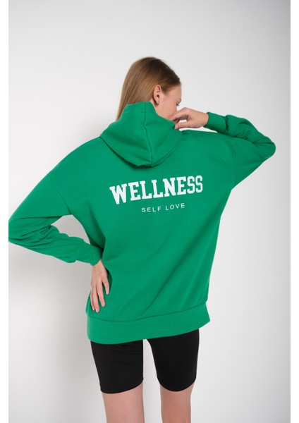 Kadın Yeşil Wellness Baskılı Kapüşonlu Oversize Sweatshirt