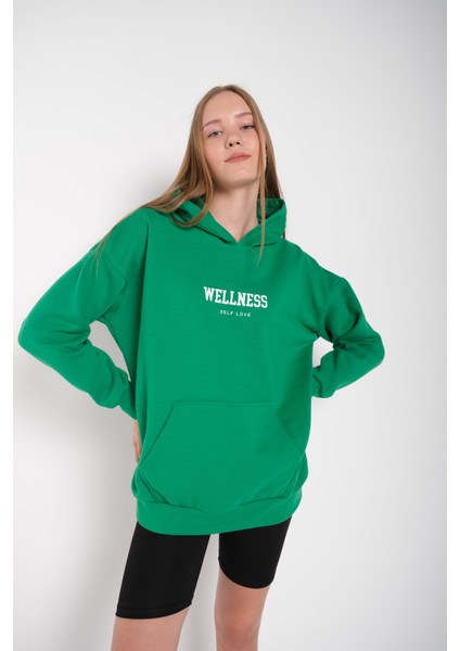 Kadın Yeşil Wellness Baskılı Kapüşonlu Oversize Sweatshirt