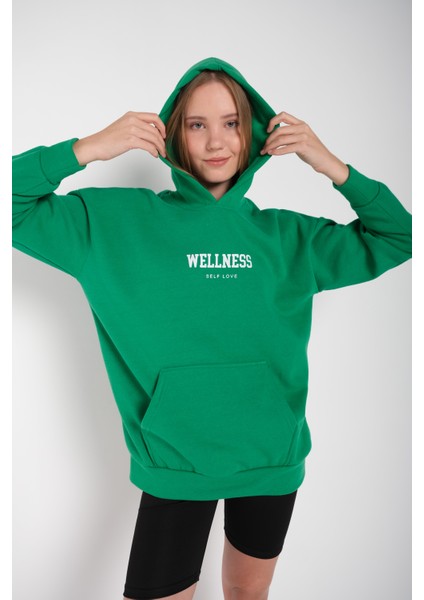 Kadın Yeşil Wellness Baskılı Kapüşonlu Oversize Sweatshirt