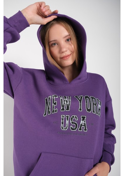 Kadın Mor New York Usa Baskılı Kapüşonlu Oversize Sweatshirt