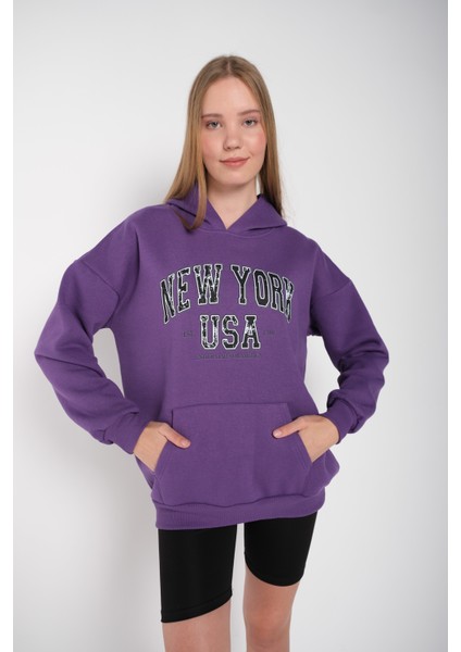 Kadın Mor New York Usa Baskılı Kapüşonlu Oversize Sweatshirt