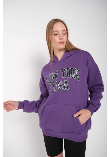 Kadın Mor New York Usa Baskılı Kapüşonlu Oversize Sweatshirt