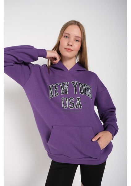 Kadın Mor New York Usa Baskılı Kapüşonlu Oversize Sweatshirt