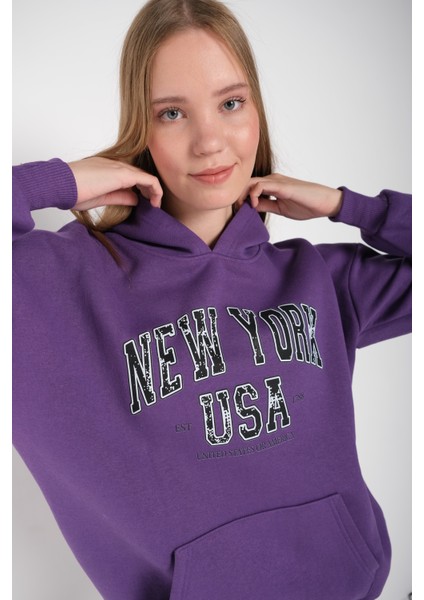 Kadın Mor New York Usa Baskılı Kapüşonlu Oversize Sweatshirt