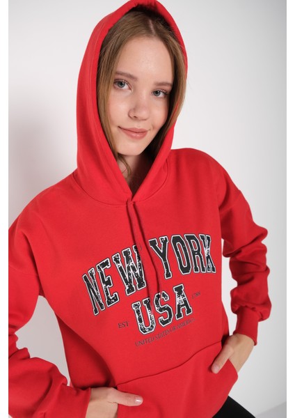 Kadın Kırmızı New York Usa Baskılı Kapüşonlu Oversize Sweatshirt