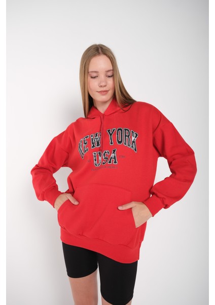 Kadın Kırmızı New York Usa Baskılı Kapüşonlu Oversize Sweatshirt