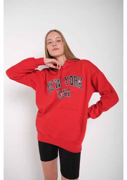 Kadın Kırmızı New York Usa Baskılı Kapüşonlu Oversize Sweatshirt