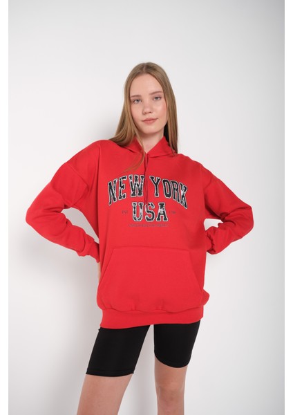 Kadın Kırmızı New York Usa Baskılı Kapüşonlu Oversize Sweatshirt