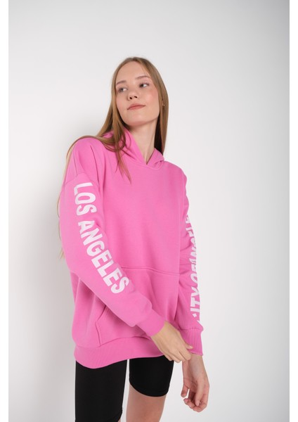 Kadın Pembe Kol Baskılı Los Angeles Kapüşonlu Oversize Sweatshirt