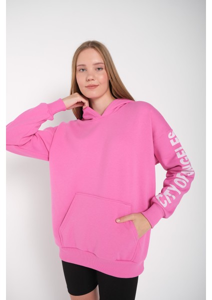 Kadın Pembe Kol Baskılı Los Angeles Kapüşonlu Oversize Sweatshirt