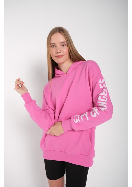 Kadın Pembe Kol Baskılı Los Angeles Kapüşonlu Oversize Sweatshirt