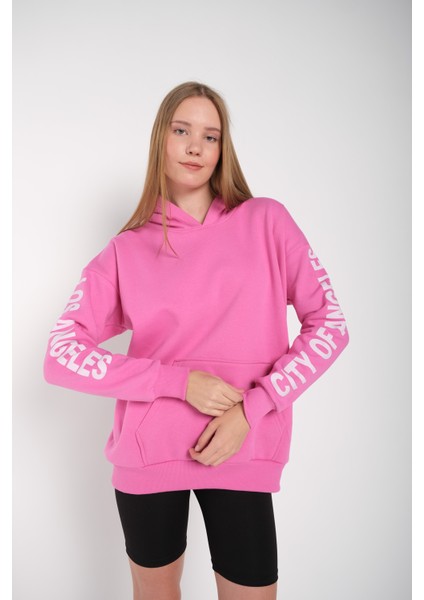 Kadın Pembe Kol Baskılı Los Angeles Kapüşonlu Oversize Sweatshirt