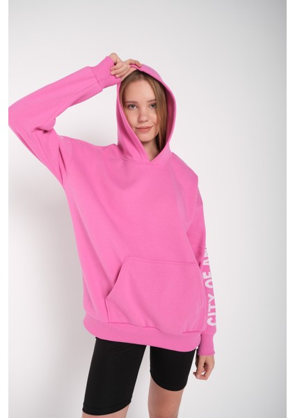 Kadın Pembe Kol Baskılı Los Angeles Kapüşonlu Oversize Sweatshirt