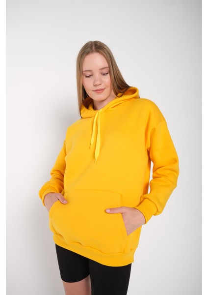 Kadın Sarı Düz Renk Kapüşonlu Oversize Sweatshirt