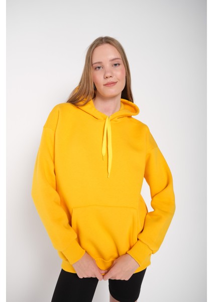 Kadın Sarı Düz Renk Kapüşonlu Oversize Sweatshirt