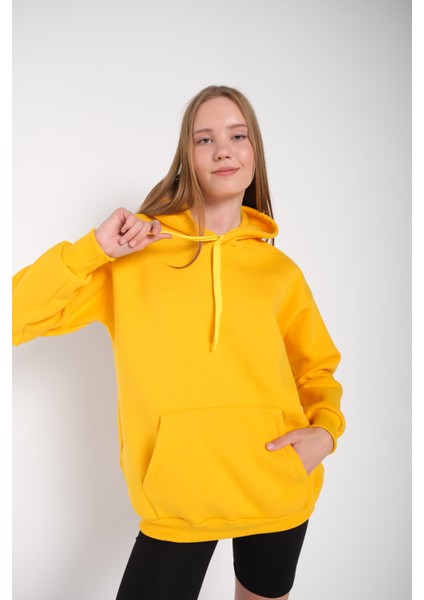 Kadın Sarı Düz Renk Kapüşonlu Oversize Sweatshirt