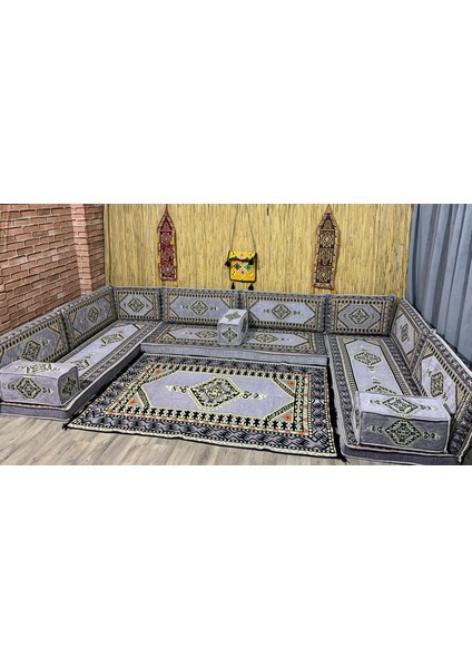 Şark Köşesi Minder, Kilim, Heybe Çanta Takımı Konsept Gri 18 Parça