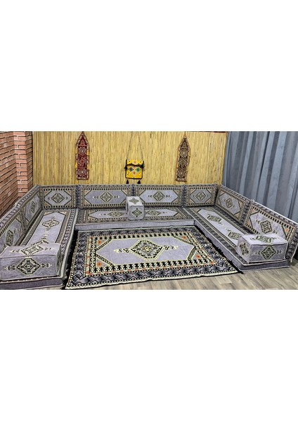 Şark Köşesi Minder, Kilim, Heybe Çanta Takımı Konsept Gri 18 Parça