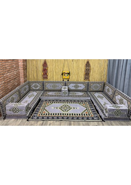 Şark Köşesi Minder, Kilim, Heybe Çanta Takımı Konsept Gri 18 Parça
