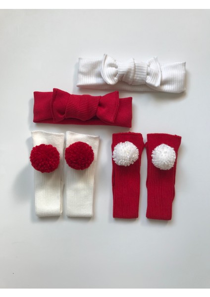 ponponlu 4’lü Set Bebek Hediyelik Ponponlu Çorap, Bandana