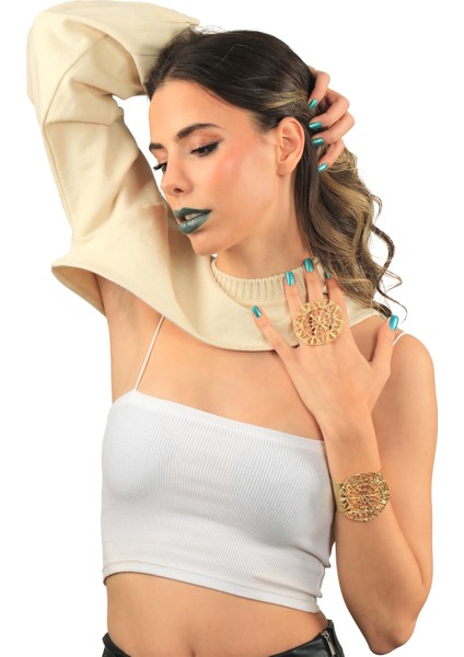 Kadın Mat Altın Kaplama Ayarlanabilir Geniş Band Örümcek Ağı Model Bileklik & Yüzük Set