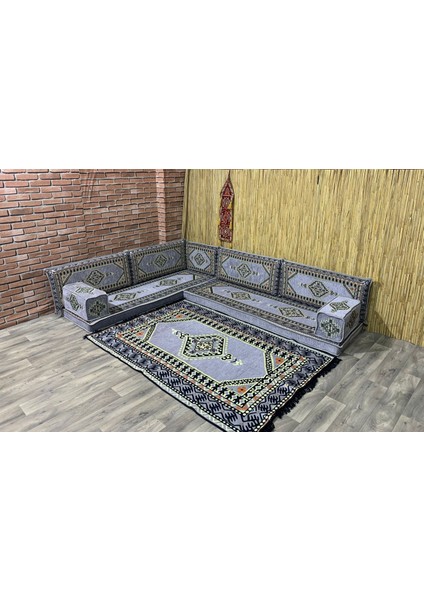 Şark Köşesi Minderi Saraylı Desenli 120x180 cm Kilim Takımı Konsept Gri 11 Parça