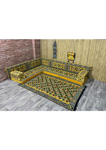 Şark Köşesi Minderi Şili Desenli 120x180 cm Kilim Takımı Konsept Sarı Lacivert 12 Parça